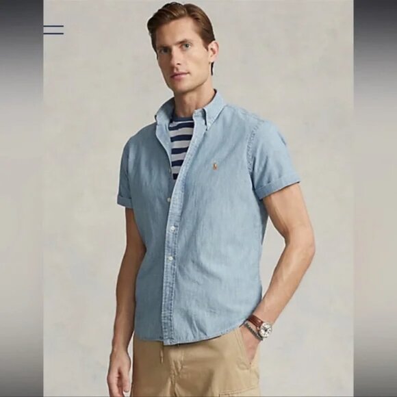 RALPH LAUREN MEN’S SHORT SLEEVE CLASSIC FIT CHAMBRAY BLUE SHIRT Sz M Denim